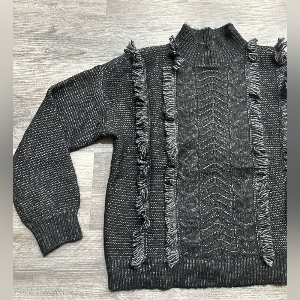 Women’s LOFT Boho Fringe Mock Neck Knit Sweater in Charcoal - Picture 2 of 7
